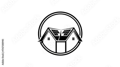 A monochrome illustration features a stylized house design, enclosed in a double-lined circle frame