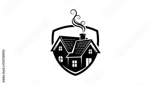 A monochrome illustration of a house with smoke rising, within a shield