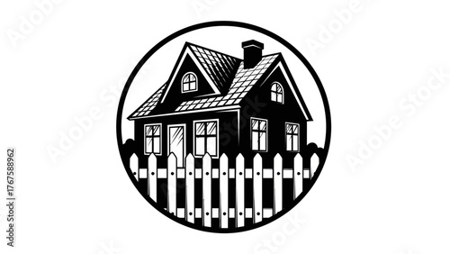 Black and white illustration of a house with a fence, enclosed in a circle. Simple, classic design