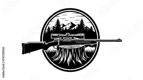 A black and white illustration of a rifle with a scope and a woodland scene backdrop