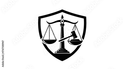 A black and white emblem featuring scales of justice, a gavel, and a shield shape