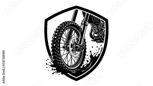 Black and white illustration featuring a motorcycle's front wheel, inside a shield with mud splashes