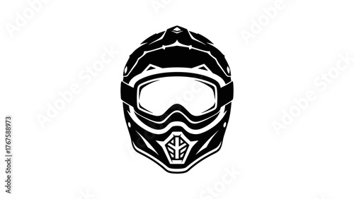A detailed monochrome illustration showcasing a motocross helmet.  It features goggles and a protective face