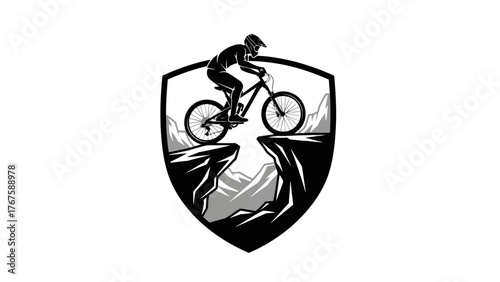 Black and white illustration of a biker jumping off a cliff on a mountain bike