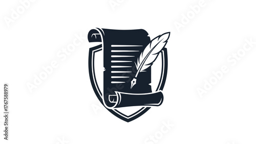 Stylized emblem featuring a rolled parchment scroll within a shield, quill, and lines