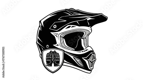 A black and white motocross helmet graphic, featuring complex lines and a face shield
