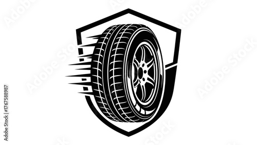 A stylized illustration of a car wheel, tire, and rim, depicted within a shield emblem