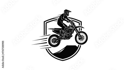 A monochrome illustration of a motorcyclist soaring through the air on a dirt bike