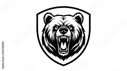 A monochrome illustration of a fierce bear's head framed within a shield outline, open mouth