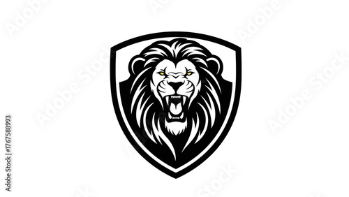 A fierce lion's face, roaring with bared teeth, framed inside a shield-shaped border