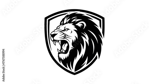 Black and white illustration of a roaring lion's head inside a shield