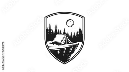 A camping scene, depicting a tent on a cliff, beneath a full moon, with a backdrop of trees, within a crest