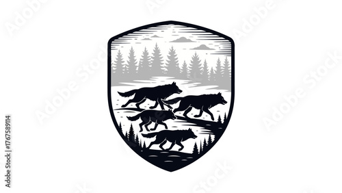 Black and white illustration of four wolves running through a forest within a shield shape