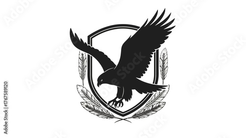 A silhouette of an eagle in flight, framed by a shield and stylized feathers