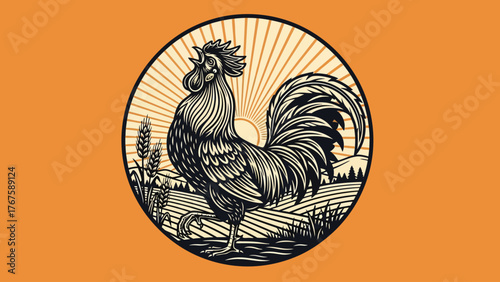 A rooster illustration, stylized, crowing in a circular emblem with a sunburst design and landscape