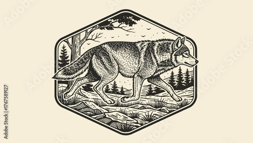 Black and white illustration of a wolf in a hexagonal frame, running in a forest scene