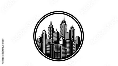 A black and white illustration of a city skyline within a circular frame, on a white background