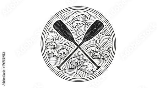 A circular illustration of crossed oars surrounded by stylized waves, all within a double-lined circle