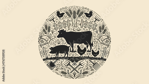 A circular illustration of farm life. Featuring a cow, pig, chickens, and various farming elements