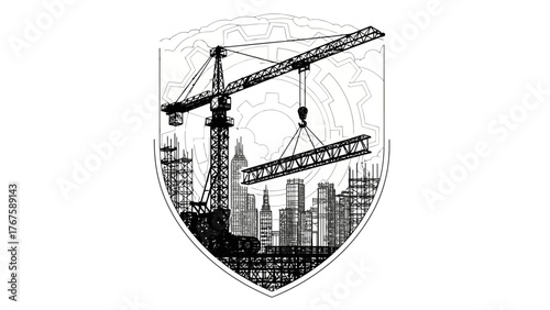 A black and white illustration of city construction featuring cranes and high-rise buildings