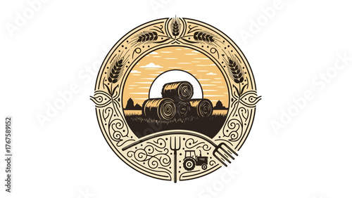Circular illustration of a farm scene with hay bales, a tractor, and wheat in an ornate frame