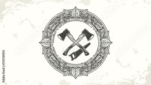 A rustic illustration featuring crossed axes and a saw, set within an ornate, leafy circular frame