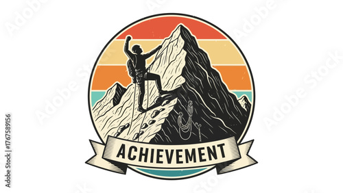 A retro-style badge depicting a climber reaching the summit of a mountain with the word "ACHIEVEMENT