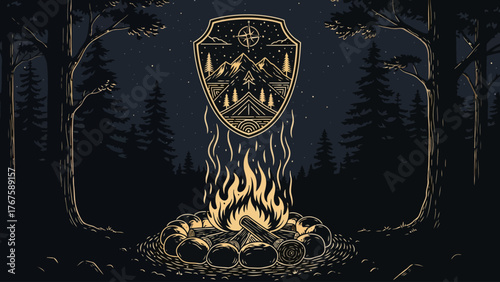 Pixelated artwork depicts a campfire beneath a shield-shaped emblem in a starlit forest