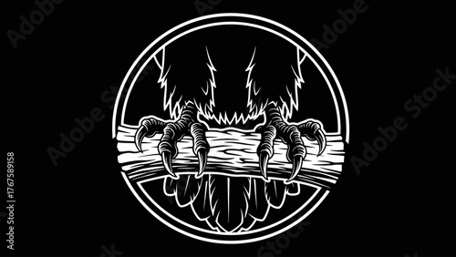 A stark white illustration of a bird's talons gripping a log inside a circular frame
