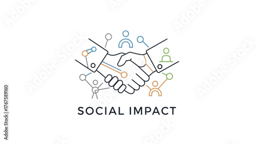 Illustration of a handshake with interconnected people and a "Social Impact" text