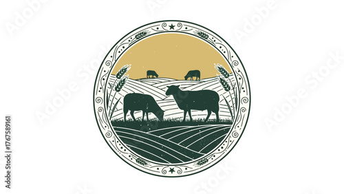Circular emblem featuring grazing sheep in a field, within an ornamental border with wheat