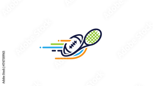 A colorful graphic showing a tennis racket and football combined, with motion lines