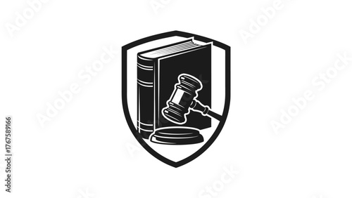 A grayscale icon depicts a book with a gavel inside a shield shape against a white background