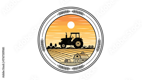 A circular illustration of a farm scene with a tractor, barn, and sunset, framed by leaves