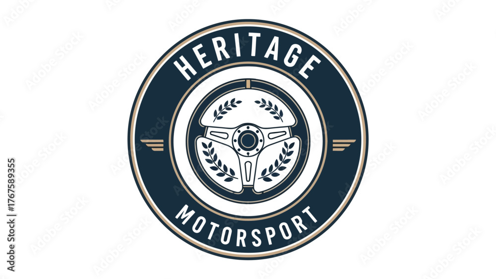 Fototapeta premium Circular emblem showcasing a steering wheel with laurel wreaths, surrounded by text and wings