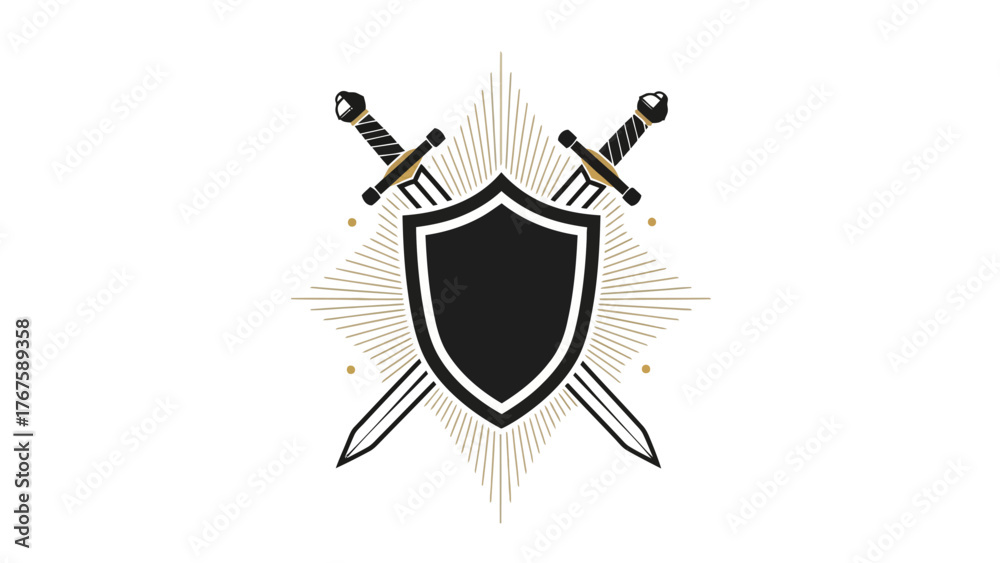 Fototapeta premium A crest featuring a shield with crossed swords, surrounded by a radiant burst