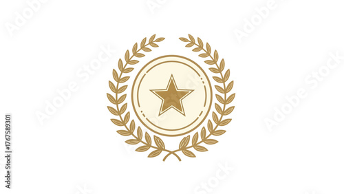 A golden star inside a circle, framed by a laurel wreath on a white background