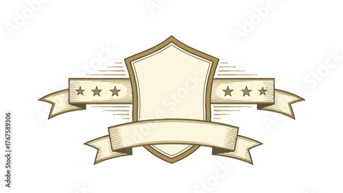 A vintage-style crest design featuring a blank shield, ribbons, and star embellishments