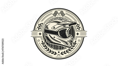A circular emblem showcasing a motorcycle helmet, flanked by checkered flags and laurel leaves