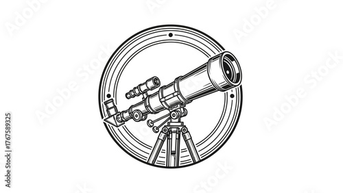 A detailed illustration of a telescope, mounted on a tripod, inside a circular, ornamented frame