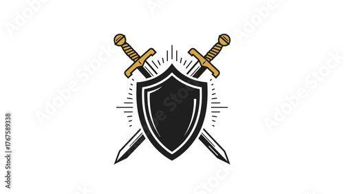 A crest featuring a shield with crossed swords, radiating lines on a white background