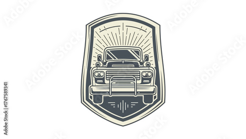 Vintage truck illustration within a shield, with radiating lines. Monochrome design