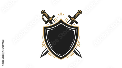 A heraldic emblem, featuring a shield flanked by crossed swords, with decorative flourishes