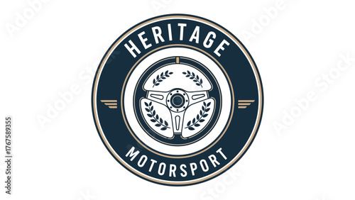Circular emblem showcasing a steering wheel with laurel wreaths, surrounded by text and wings
