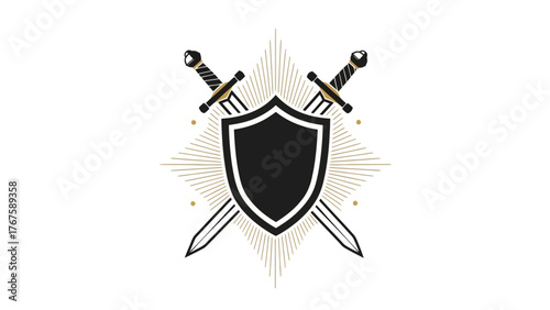 A crest featuring a shield with crossed swords, surrounded by a radiant burst