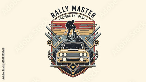 A vintage-style badge design featuring a climber, a rally car, and wings with stars