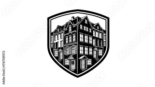 A monochrome illustration features a stylized shield enclosing row houses, with windows and doors detailed