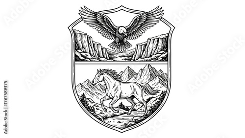 Black and white illustration of an eagle over mountains and a horse running through a landscape
