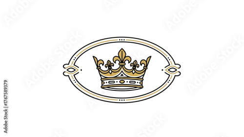 A regal emblem featuring a gold crown enclosed within a decorative oval frame on a white background