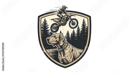 A vintage style emblem with a motorcycle, a dog, and trees. The illustration is in a shield shape